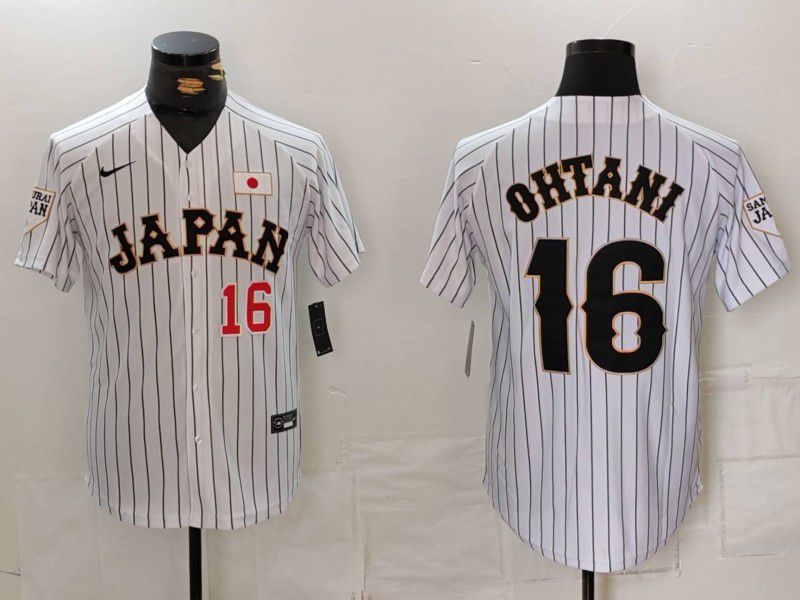 Men 2025 World Cub Japan #16 Ohtani White Stripe Nike MLB Jersey style 12->youth mlb jersey->Youth Jersey